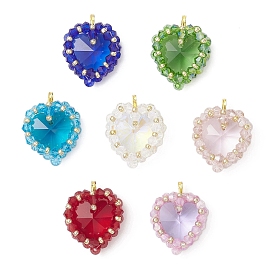 7шт 7 цвета латунные стеклянные подвески, сердце, с & стеклянным бисером, граненые