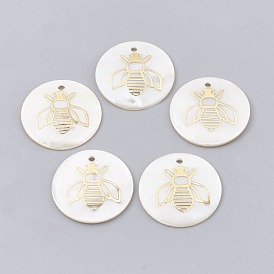 Pendentifs de coquillages d'eau douce, avec les accessoires en laiton, rond et plat avec des abeilles