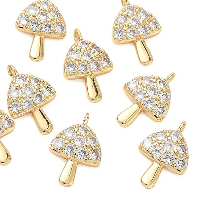 SHEGRACE Brass Micro Pave Cubic Zirconia Pendants, Mushroom Charms, Cadmium Free & Nickel Free & Lead Free, Clear