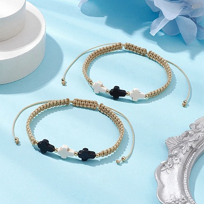 2шт. плетеные браслеты из вощеного нейлонового шнура для женщин и мужчин, с латунными бусинами и крестом из синтетической бирюзы