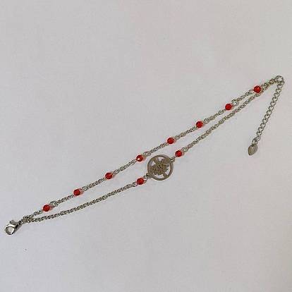 304 Stainless Steel & Glass Seed Beads Multi-strand Link Bracelets, Tree of Life 201 Stainless Steel Charm Bracelets for Women, Stainless Steel Color