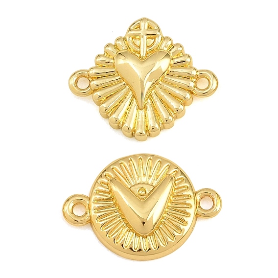 Dijes de conector de latón, plano redondo con enlaces del Sagrado Corazón, sin plomo y cadmio, chapado en rack, larga duración plateado