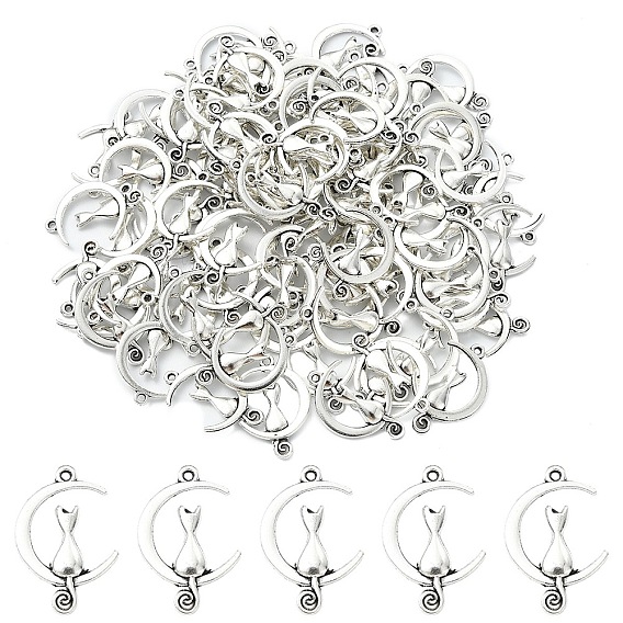 100 шт. Подвески из сплава в тибетском стиле, без свинца и без кадмия, Луна с кошкой