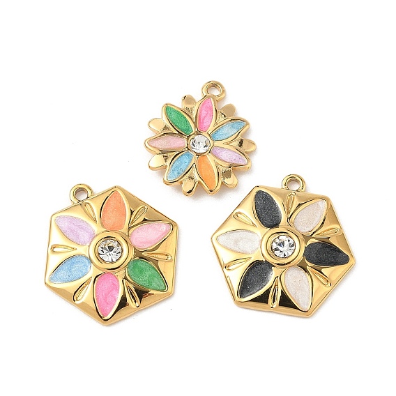 304 подвески-цветы из нержавеющей стали со стразами и эмалью, ионное покрытие (ip), реальный 18 k позолоченный