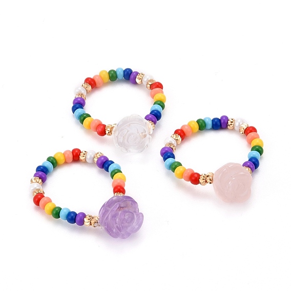 Natürliche gemischte Edelstein Stretch Ringe, mit Glasperlen, Messing Perlen, Rose