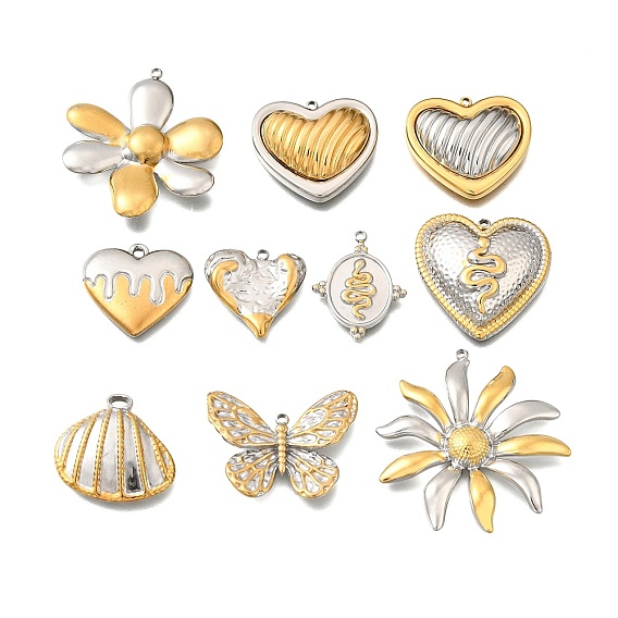 304 подвески из нержавеющей стали, в форме сердца, цветка и ракушки, золотые и нержавеющая сталь цвет