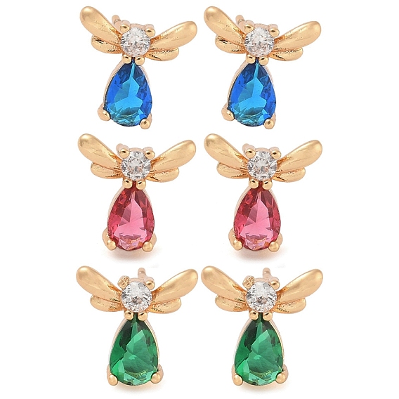 Серьги-гвоздики из латуни с кубическим цирконием, слеза с крылом, долговечный, шампанское золото