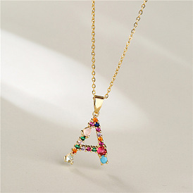 Colorful Gemstone Inlaid Lock Necklace for Women - European Style Alphabet Pendant Jewelry