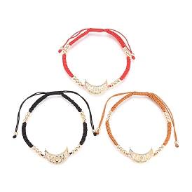 Mother's Day Gifts, Adjustable Nylon Cord Braided Bead Bracelets, with Brass Micro Pave Cubic Zirconia Links and Brass Round Beads, Moon with Word MOM, Golden