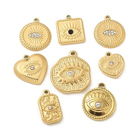 304 Stainless Steel Pendants, with Rhinestone, Golden, Heart & Flat Round & Rectangle & Square with Eye Charm