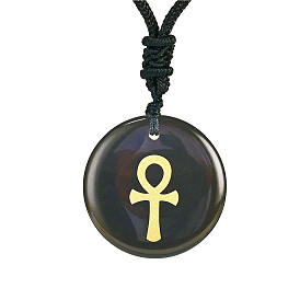 Gemstone Pendants, Religion Charm, Flat Round with Ankh Cross