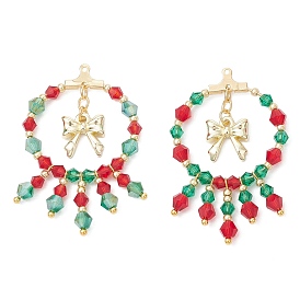 Christmas Themed Handmade Glass Beads Pendants, Christmas Wreath Charms, with Alloy Bowknot & 304 Stainless Steel Ring, Faceted