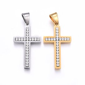 304 Stainless Steel Pendants, with Cubic Zirconia, Cross, Clear