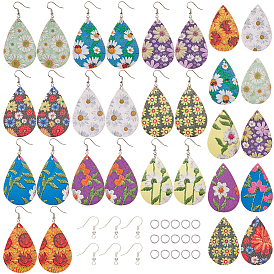Kits de boucles d'oreilles pendantes à faire soi-même, avec gros pendentifs en cuir pu, anneaux de saut en fer et crochets de boucle d'oreille en laiton, larme avec motif de fleurs