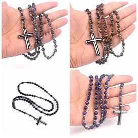 Natural & Synthetic Mixed Stone Rosary Bead Necklace, Synthetic Hematite Cross Pendant Necklace