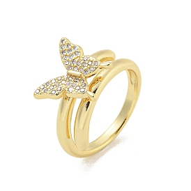 Rack Plated Brass Micro Pave Clear Cubic Zirconia Butterfly Finger Rings for Women, Lead Free & Cadmium Free, Long-Lasting Plated