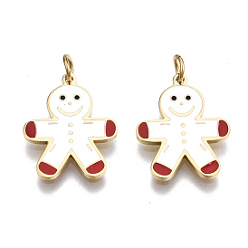 316 Surgical Stainless Steel Enamel Pendants, with Jump Rings, Christmas Style Gingerbread man, White