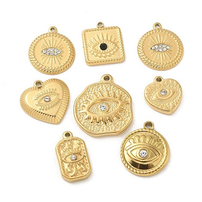 304 подвески из нержавеющей стали, со стразами, золотые, сердце и плоский круг и прямоугольник и квадрат с подвеской в виде глаза