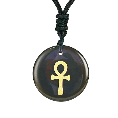 Gemstone Pendants, Religion Charm, Flat Round with Ankh Cross