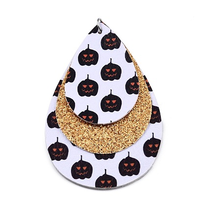 Halloween Theme Imitation Leather Pendant, with Iron Jump Ring, Triple Layer Teardrop with Pumpkin