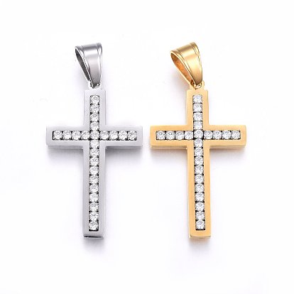 304 Stainless Steel Pendants, with Cubic Zirconia, Cross, Clear