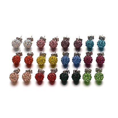 Polymer Clay Rhinestone Ball Stud Earrings, with Stainless Steel Stud Earring Findings, Stainless Steel Color, 10mm, Pin: 0.8mm