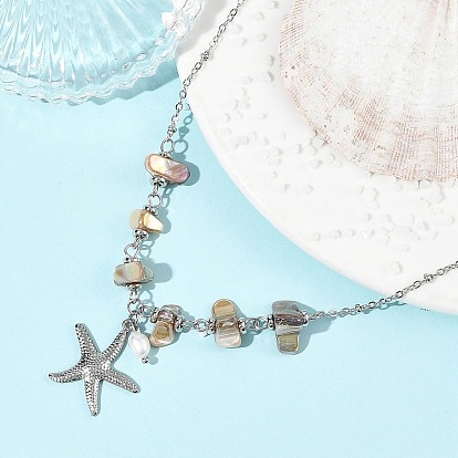Océan 304 Colliers à pendentif étoile de mer en acier inoxydable et coquillages d'eau douce naturels, avec chaîne de perles pour femmes, couleur de coquillage