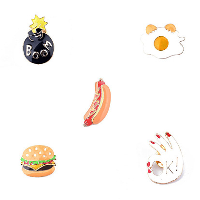 Cute Foodie Enamel Pins Set - Hamburger, Fried Egg, Hot Dog, OK Gesture & Boom Bomb Lapel Pin