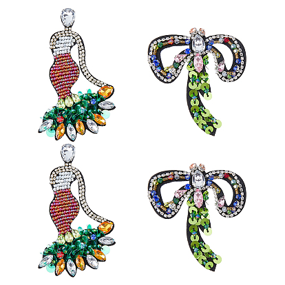 4шт 2 стильные стеклянные и стразы аксессуары для одежды, пришить бисерные заплатки, блестки аппликации, значки, с фетровой основой, для одежды, платье, богиня и бантик