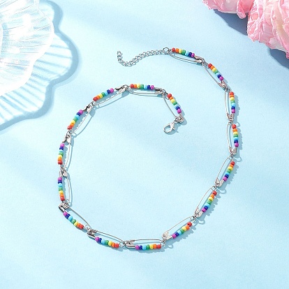 Чакра разноцветные стеклянные бусины из железных бусин с булавками ожерелья, с 304 концевыми цепями из нержавеющей стали