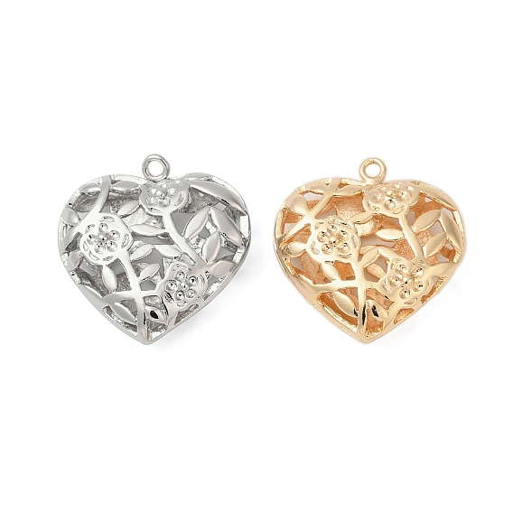 Латунные подвески, без кадмия, без никеля и без свинца, сердце с цветочным узором