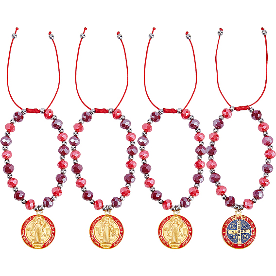 4Pcs Alloy Enamel Charm Bracelets, Glass Bead Braided Bead Bracelets for Women, Oval with Cross