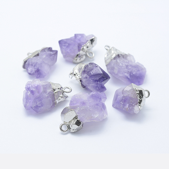 Rough Raw Natural Amethyst Pendants, with Brass Findings, Nuggets, Platinum