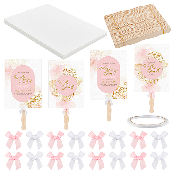 Набор для самостоятельного изготовления ручных вентиляторов для гостиной, включая банты из полиэфирной упаковочной ленты, деревянные плоские палочки для рукоделия, двусторонние клейкие ленты, картонная бумажная карточка