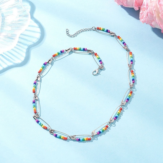 Чакра разноцветные стеклянные бусины из железных бусин с булавками ожерелья, с 304 концевыми цепями из нержавеющей стали