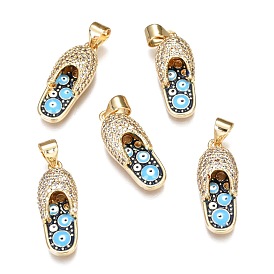 Brass Micro Pave Clear Cubic Zirconia Pendants, Cadmium Free & Lead Free, Long-Lasting Plated, with Black Enamel, Shoes