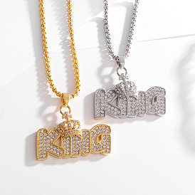 Alloy Full Crystal Rhinestone Crown with Word KING Pendant Necklaces for Unisex