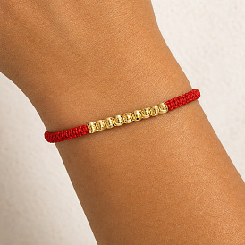 Adjustable Brass Corrugated Round Braided Bead Bracelets for Men Women, Golden