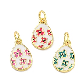 Rack Plating Brass Enamel Charms, with Jump Ring, Long-Lasting Plated, Cadmium Free & Lead Free, Teardrop with Flower Charm, Real 18K Gold Plated