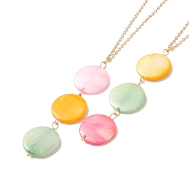 Natural Shell Flat Round Pendant Necklace with 304 Stainless Steel Chains for Women, Golden