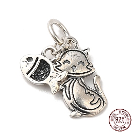 925 Sterling Silver Cat & Fish Charms, with Jump Ring, with S925 Stamp