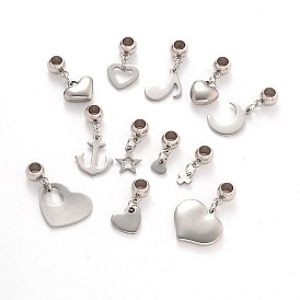 Mixed Shape 304 Stainless Steel European Large Hole Dangle Charms, 16~28mm, Hole: 4mm