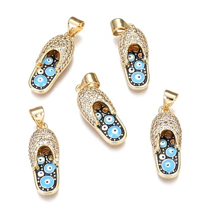 Brass Micro Pave Clear Cubic Zirconia Pendants, Cadmium Free & Lead Free, Long-Lasting Plated, with Black Enamel, Shoes