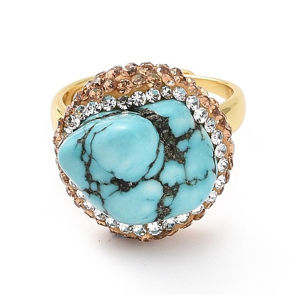 Adjustable Natural Turquoise Nugget Adjustable Ring with Rhinestone, Golden Brass Wide Ring for Women