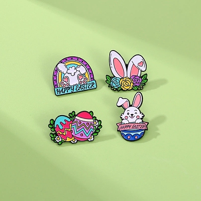 Easter Lovely Rabbit Egg Flower Brooch, Cute Bunny Black Alloy Enamel Pins, Cartoon Animal Badge for Clothes Backpack