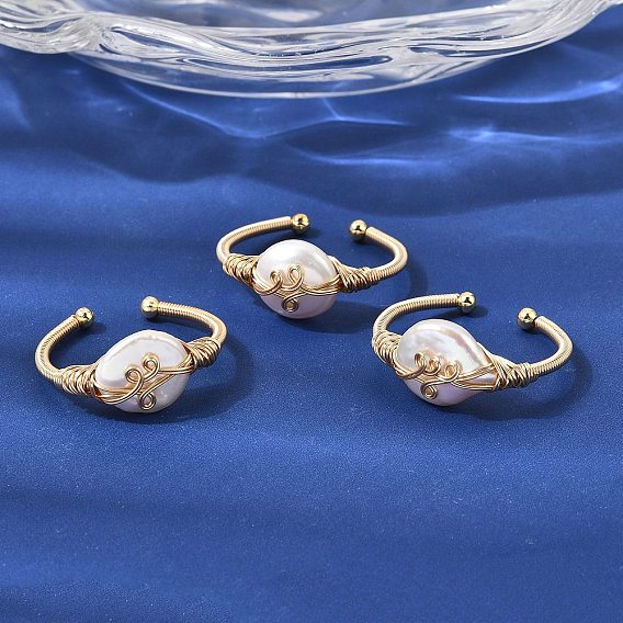 Латунные манжеты с открытыми кольцами, с натуральной жемчужиной, стойки покрытие, долговечный