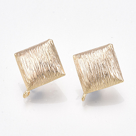 Brass Stud Earring Findings, with Loop, Nickel Free, Real 18K Gold Plated, Rhombus