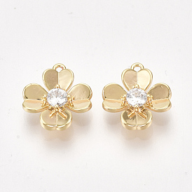 Brass Cubic Zirconia Charms, Nickel Free, Real 18K Gold Plated, Flower, Clear