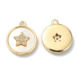 Brass Micro Pave Cubic Zirconia Charms, with Shell, Flat Round with Star Charm