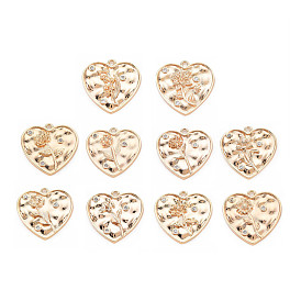 Brass Micro Pave Clear Cubic Zirconia Pendants, Birth Flower Charms, Nickel Free, Heart, Real 18K Gold Plated